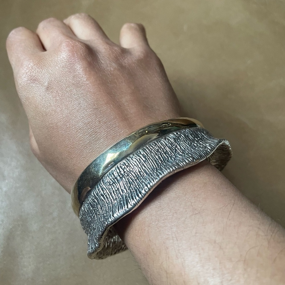 Signed vintage Lebitski 925 Sterling silver textured bangle cuff bracelet wave - Picture 3 of 10